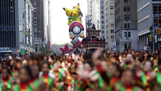 Pikachu balloon floats in the Macy's Thanksgiving Day Parade in New York.(AP)