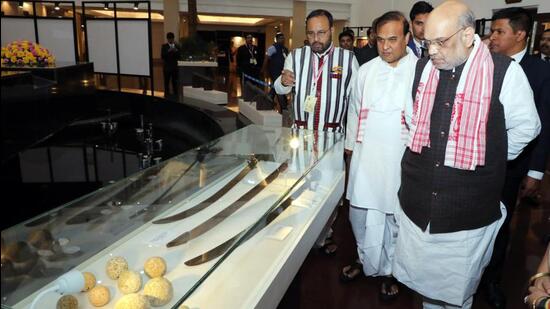 Union home minister Amit Shah and Assam chief minister Himanta Biswa Sarma at an exhibition during the 400th birth anniversary celebrations of Ahom general Lachit Barphukan, in New Delhi on Thursday. (Himanta Biswa Sarma/ Twitter)