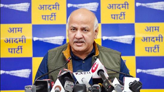 Delhi Deputy Chief Minister Manish Sisodia addresses a press conference at his residence in New Delhi on Friday. (HT Photo)