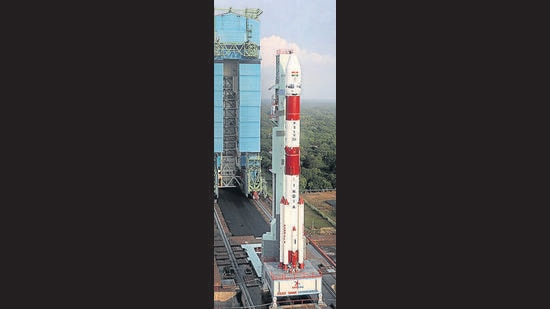 The PSLV ready for litf-off at the Satish Dhawan Space Centre in Sriharikota. (HT Photo)