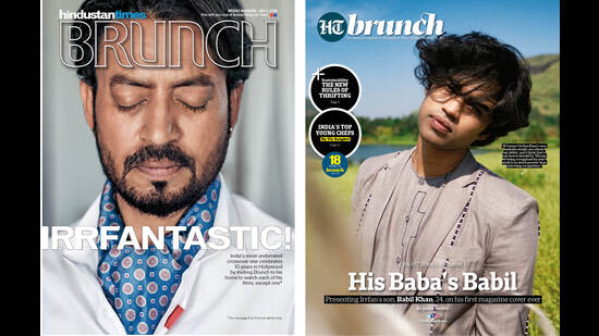 Irrfan Khan (left) on the cover of HT Brunch in 2016, and his son, Babil Khan’s cover in 2022