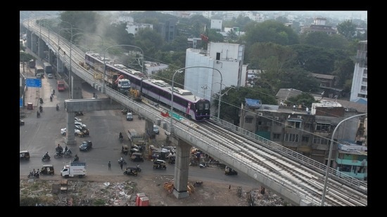 The Maha-Metro on Friday successfully carried out a 2.74 km trial run from Garware college metro station to Civil court metro station. (HT PHOTO) The Maha-Metro on Friday successfully carried out a 2.74 km trial run from Garware college metro station to Civil court metro station. (HT PHOTO)