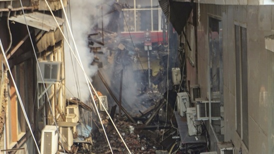 More than 50 shops were gutted in a fire in the wholesale market of Bhagirat Palace area in North Delhi's Chandni Chowk last evening, police said. The fire continued to rage on Friday morning as attempts are underway to bring the flames under control. No injuries have been reported so far, they said.(PTI)