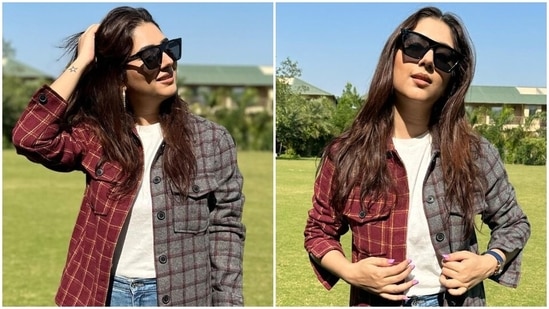 Disha Parmar stuns in a dual-tone check jacket while enjoying cold mornings in Rajasthan. (Instagram)