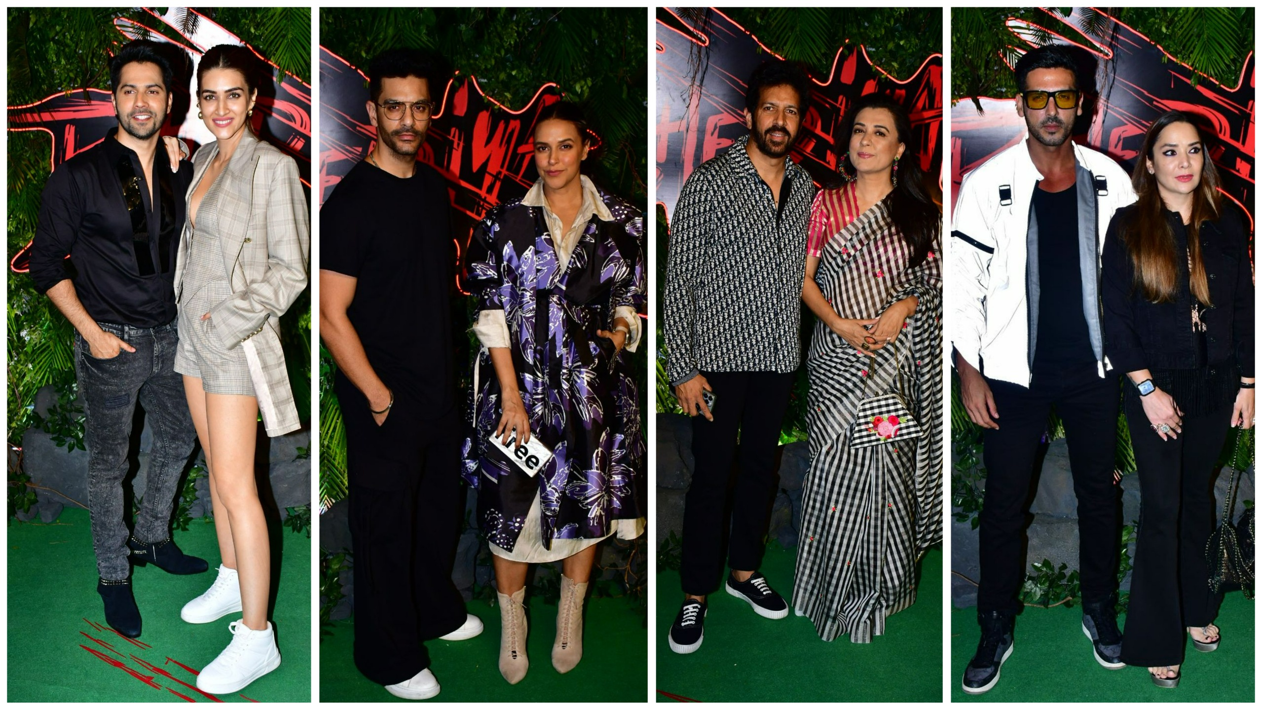 Varun Dhawan, Kriti Sanon, Angad Bedi, Neha Dhupia, Kabir Khan, Mini Mathur, Zayed Khan and wife at Bhediya screening. (Varinder Chawla)
