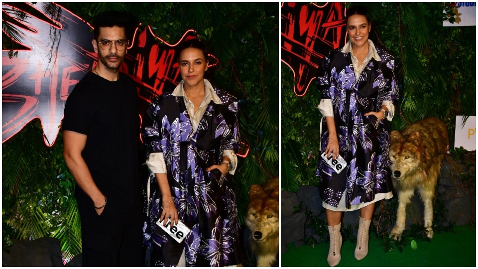 Neha Dhupia and Angad Bedi at the screening of the film Bhediya.  (Photo HT/Varinder Chawla)