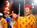 Congress leader Rahul Gandhi performs 'aarti' at Narmada Ghat in Khargone district, Friday, Nov. 25, 2022.(PTI) Congress leader Rahul Gandhi performs 'aarti' at Narmada Ghat in Khargone district, Friday, Nov. 25, 2022.(PTI)