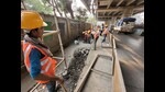 Metro work underway near RTO on Saturday. (Pratham Gokhale/HT Photo) Metro work underway near RTO on Saturday. (Pratham Gokhale/HT Photo)