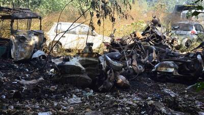 At least 25 impounded two-wheelers dumped in the compound of the Division number 8 police station, Ludhiana, were gutted in a fire on Saturday morning. (Harvinder Singh/HT)