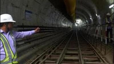 Mumbai, India - March 15, 2018:A Mumbai Metro employee accompanies journalists as they guides them through an under construction tunnel during a media visit at Colaba-Bandra Seepz metro corridor in Mumbai on Thursday., India, on Thursday, March 15, 2018. (Photo by Anshuman Poyrekar/Hindustan Times) (Anshuman Poyrekar/HT Photo) Mumbai, India - March 15, 2018:A Mumbai Metro employee accompanies journalists as they guides them through an under construction tunnel during a media visit at Colaba-Bandra Seepz metro corridor in Mumbai on Thursday., India, on Thursday, March 15, 2018. (Photo by Anshuman Poyrekar/Hindustan Times) (Anshuman Poyrekar/HT Photo)