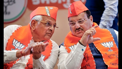 BJP president JP Nadda and Gujarat CM Bhupendra Patel in Gandhinagar on Saturday. (PTI) BJP president JP Nadda and Gujarat CM Bhupendra Patel in Gandhinagar on Saturday. (PTI)