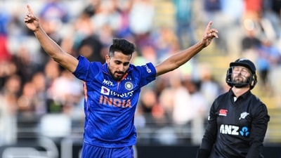 India's Umran Malik celebrates the dismissal of Daryl Mitchell during the 1st ODI match against New Zealand, at Eden Park stadium, in Auckland on Friday. (BCCI Twitter) India's Umran Malik celebrates the dismissal of Daryl Mitchell during the 1st ODI match against New Zealand, at Eden Park stadium, in Auckland on Friday. (BCCI Twitter)