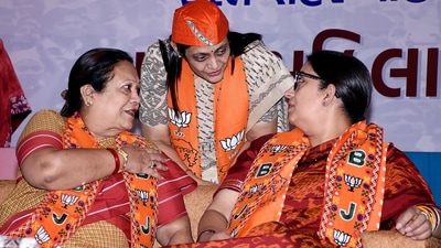 Union minister Smriti Irani with Union minister of state for railways and textiles Darshana Jardosh attends Mahila Sammelan, in Surat on Friday. (ANI) Union minister Smriti Irani with Union minister of state for railways and textiles Darshana Jardosh attends Mahila Sammelan, in Surat on Friday. (ANI)