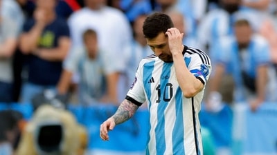 Argentina's forward Lionel Messi reacts during the Qatar 2022 World Cup Group C football match between Argentina and Saudi Arabia at the Lusail Stadium Argentina's forward Lionel Messi reacts during the Qatar 2022 World Cup Group C football match between Argentina and Saudi Arabia at the Lusail Stadium
