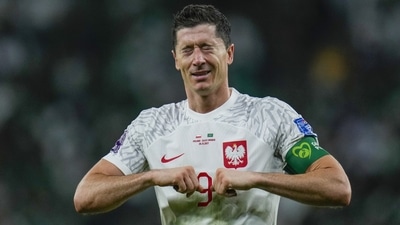 Robert Lewandowski celebrates scoring his side's 2nd goal during the FIFA World Cup group C match between Poland and Saudi Arabia, at the Education City Stadium in Al Rayyan. (AP) Robert Lewandowski celebrates scoring his side's 2nd goal during the FIFA World Cup group C match between Poland and Saudi Arabia, at the Education City Stadium in Al Rayyan. (AP)