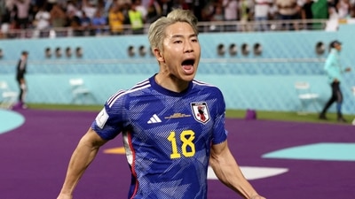 Japan's Takuma Asano celebrates scoring their second goal vs Germany. (REUTERS)