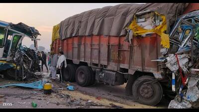 The bus and the truck after the collision at Julana on the Rohtak-Jind highway on Saturday morning. (HT Photo) The bus and the truck after the collision at Julana on the Rohtak-Jind highway on Saturday morning. (HT Photo)