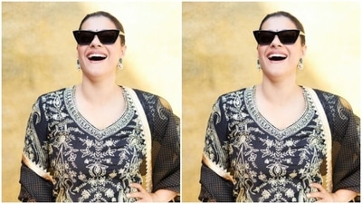 Kajol decked up in a black salwar featuring intricate details in golden shade. It also came with golden zari details at the borders. (Instagram/@kajol) Kajol decked up in a black salwar featuring intricate details in golden shade. It also came with golden zari details at the borders. (Instagram/@kajol)