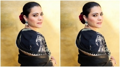 Styled by makeup artist Pallavi Symons, Kajol decked up in nude eyeshadow, black eyeliner, black kohl, mascara-laden eyelashes, contoured cheeks, a shade of nude lipstick and a small black bindi. (Instagram/@kajol) Styled by makeup artist Pallavi Symons, Kajol decked up in nude eyeshadow, black eyeliner, black kohl, mascara-laden eyelashes, contoured cheeks, a shade of nude lipstick and a small black bindi. (Instagram/@kajol)