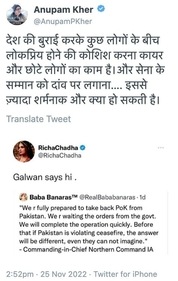Anupam Kher reacts to Richa Chadha’s Galwan tweet. Anupam Kher reacts to Richa Chadha’s Galwan tweet.