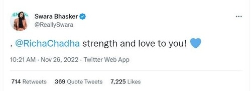 Swara Bhasker has supported Richa Chadha.