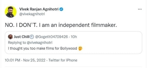 Vivek Agnihotri also responded to a Twitter user.