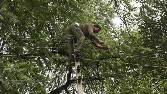 Gurugram, India - Sept. 16, 2022: A DHBVN worker fixes electricity distribution lines at Civil Lines, in Gurugram, India, on Friday, September 16, 2022. (Photo by Vipin Kumar/ Hindustan Times) (Hindustan Times) Gurugram, India - Sept. 16, 2022: A DHBVN worker fixes electricity distribution lines at Civil Lines, in Gurugram, India, on Friday, September 16, 2022. (Photo by Vipin Kumar/ Hindustan Times) (Hindustan Times)