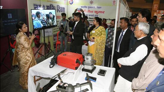 Bihar CM Nitish Kumar is being briefed on hi-tech measures to curb liquor smuggling in the state, at an event in Patna on Saturday. (Santosh Kumar) Bihar CM Nitish Kumar is being briefed on hi-tech measures to curb liquor smuggling in the state, at an event in Patna on Saturday. (Santosh Kumar)