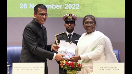 President Droupadi Murmu being felicitated by Chief Justice of India (CJI) DY Chandrachud, in New Delhi on Saturday. (PTI)