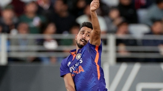 Umran Malik bowls during the first one-day international cricket match between New Zealand and India at Eden Park