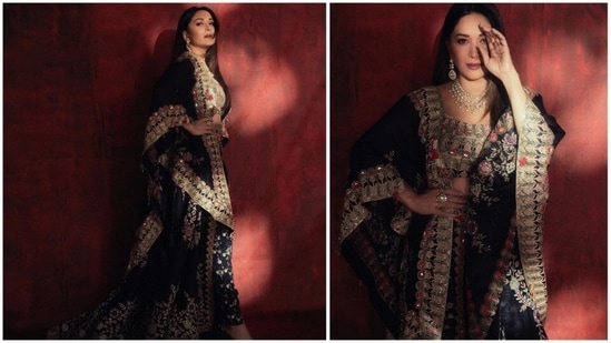 The 'dhak dhak' girl, earlier set the internet ablaze with her stunning photos in a black embellished lehenga ser by one of India's most celebrated designers, Anamika Khanna.(Instagram/@madhuridixitnene)