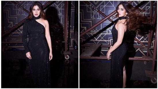 Bhumi Pednekar's looks gorgeous with her bold yet glamorous avatar in a black one-shoulder gown.(Instagram/@bhumipednekar)