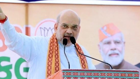 Union home minister Amit Shah addresses a public meeting for the upcoming Gujarat assembly elections in Vagra on Friday. (Amit Shah/Twitter)(HT_PRINT)