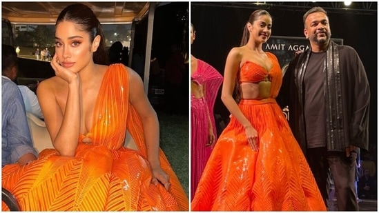 Janhvi Kapoor turns showstopper for Amit Aggarwal in a sultry orange lehenga. 