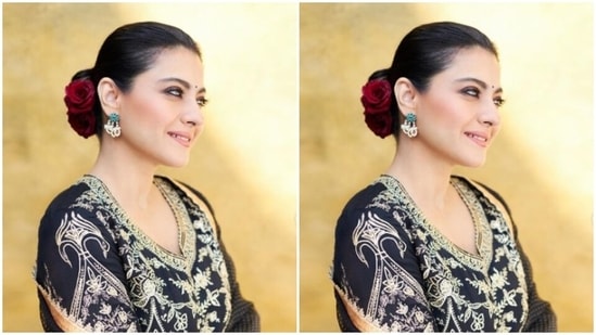 In black and golden juttis and golden earrings, Kajol wore her tresses into a clean bun and added a red rose to give more ethnic vibes to her look.(Instagram/@kajol)