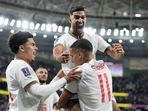 Morocco's Abdelhamid Sabiri (11) celebrates his goal with teammates Zakaria Aboukhlal, left, and Yahya Jabrane, top, after scoring during the FIFA World Cup group F match between Belgium and Morocco, at the Al Thumama Stadium in Doha.(AP) Morocco's Abdelhamid Sabiri (11) celebrates his goal with teammates Zakaria Aboukhlal, left, and Yahya Jabrane, top, after scoring during the FIFA World Cup group F match between Belgium and Morocco, at the Al Thumama Stadium in Doha.(AP)