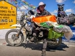 Chow Sureng Rajkonwar with his pet dog Bella at world's highest motorable road in Ladakh. (Instagram/@one_crazy_guy) Chow Sureng Rajkonwar with his pet dog Bella at world's highest motorable road in Ladakh. (Instagram/@one_crazy_guy)