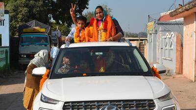 Monika Devi, an Independent who won the elections from ward 3 of Panchkula, takes out a celebratory victory rally in Bakshiwal village of Panchkula on Sunday. (Sant Arora/HT) Monika Devi, an Independent who won the elections from ward 3 of Panchkula, takes out a celebratory victory rally in Bakshiwal village of Panchkula on Sunday. (Sant Arora/HT)