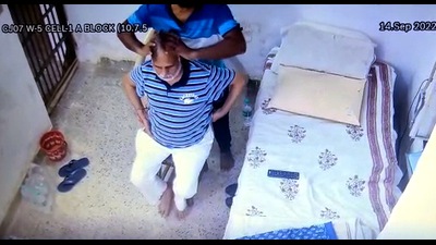 A CCTV video shows jailed Delhi mnister and Aam Aadmi Party leader Satyender Jain getting a head massage inside Tihar Jail, in New Delhi (ANI) A CCTV video shows jailed Delhi mnister and Aam Aadmi Party leader Satyender Jain getting a head massage inside Tihar Jail, in New Delhi (ANI)