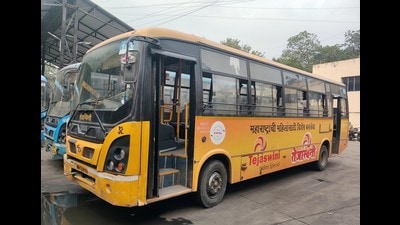 Tejaswini ladies’ special bus at Swargate depot on Sunday. (Rahul Raut/HT PHOTO) Tejaswini ladies’ special bus at Swargate depot on Sunday. (Rahul Raut/HT PHOTO)