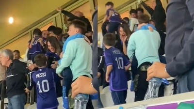 Lionel Messi's wife Antonela Roccuzzo and children celebrate his goal. Lionel Messi's wife Antonela Roccuzzo and children celebrate his goal.