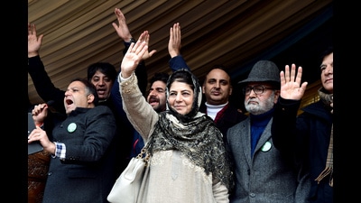 People’s Democratic Party chief Mehbooba Mufti waves to the supporters at a youth convention in Srinagar on Sunday. (ANI Photo) People’s Democratic Party chief Mehbooba Mufti waves to the supporters at a youth convention in Srinagar on Sunday. (ANI Photo)