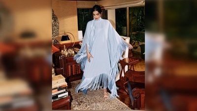 Sonam Kapoor is elegance personified in this stunning blue satin fringed kaftan by international designer Taller Marmo. (Instagram/@sonamkapoor)