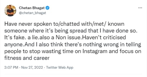 Chetan Bhagat defended himself in his latest tweet. Chetan Bhagat defended himself in his latest tweet.