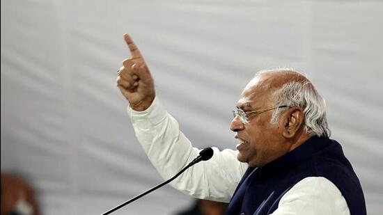 Congress president Mallikarjun Kharge while addressing a public rally in Dediapada area of Narmada district in Gujarat said he himself comes from the “poorest of the poor”. (ANI)
