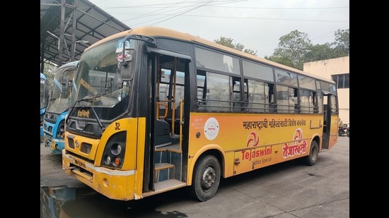 Tejaswini ladies’ special bus at Swargate depot on Sunday. (Rahul Raut/HT PHOTO)