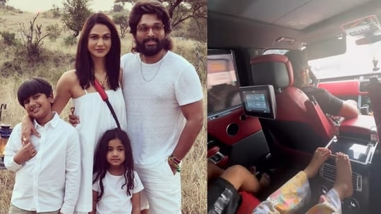 Allu Arjun with wife Sneha Reddy and kids Arha and Ayaan during a recent holiday (left); the actor with his family during a long drive (right).