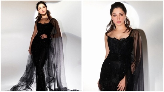 Tamannaah Bhatia earlier attended the star-studded Vogue Forces Of Fashion event in Mumbai in her ultimate glamorous avatar. For the occasion, she donned a unique black Manish Malhotra saree.(Instagram/@tamannaahspeaks)