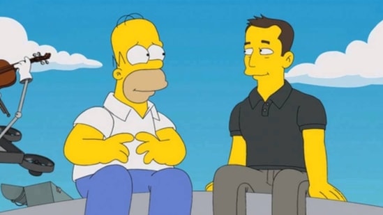 Elon Musk with Homer in a season 26 episode of The Simpsons.