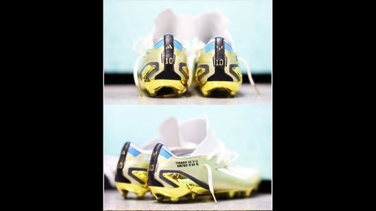 Lionel Messi's FIFA 2022 boots with his sons' names and birth dates. (Instagram/@championsleague)